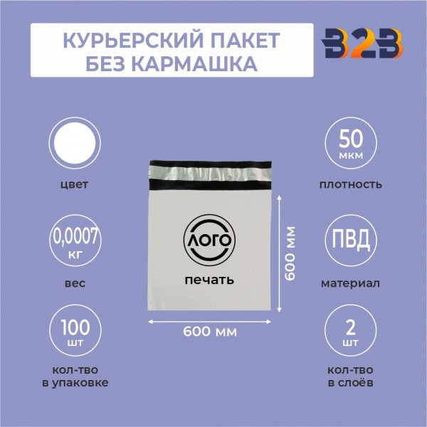 КУРЬЕРСКИЙ ПАКЕТ 600*600 ММ (50 МКМ, БЕЗ КАРМАШКА) С ВАШИМ ЛОГОТИПОМ