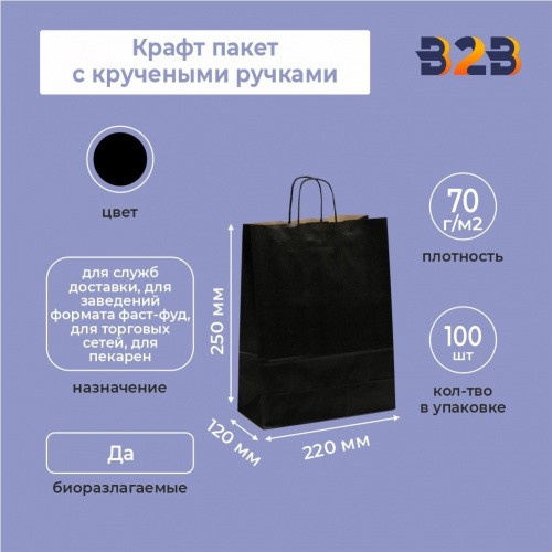 Крафт пакет с кручеными ручками, 220x120x250мм (черный)